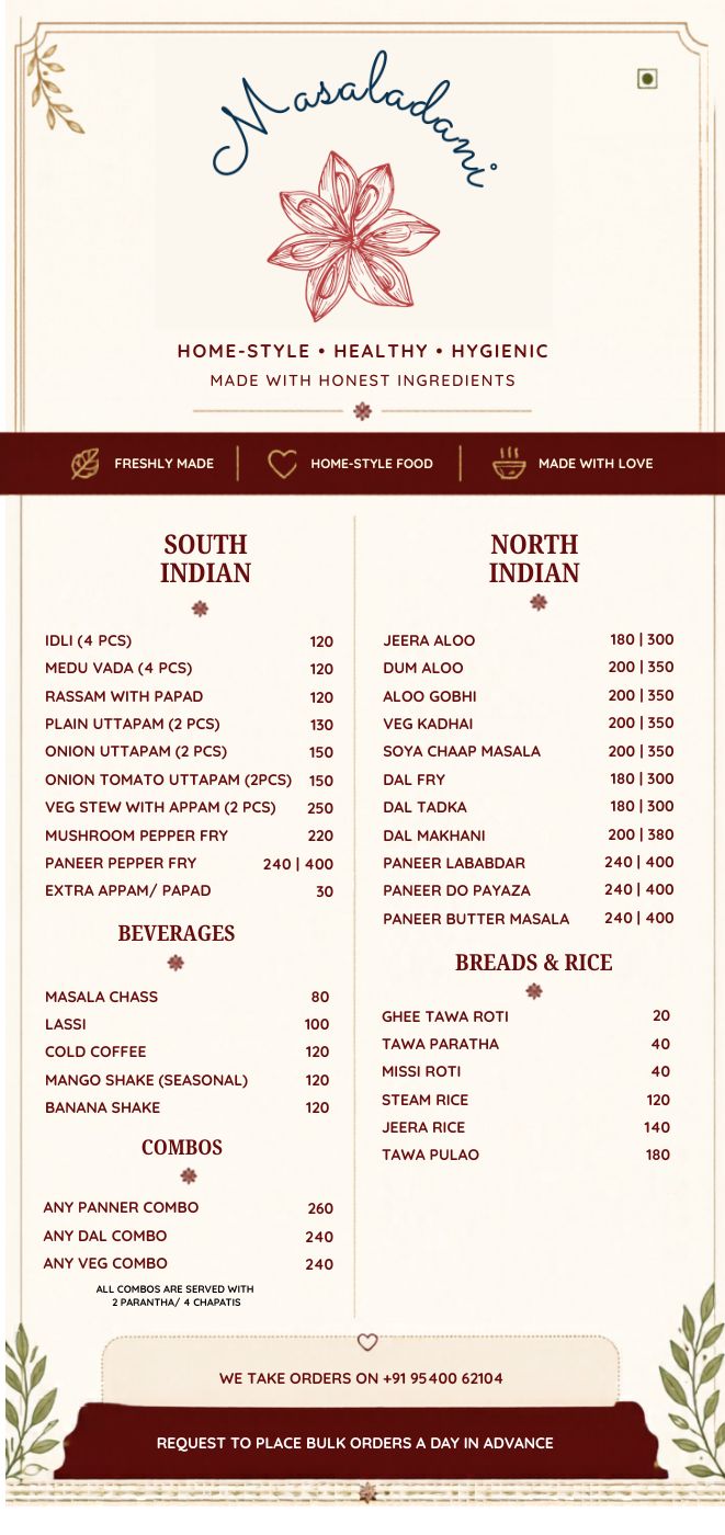 Masaladani printed menu card: South Indian, North Indian, beverages, breads and rice, combos