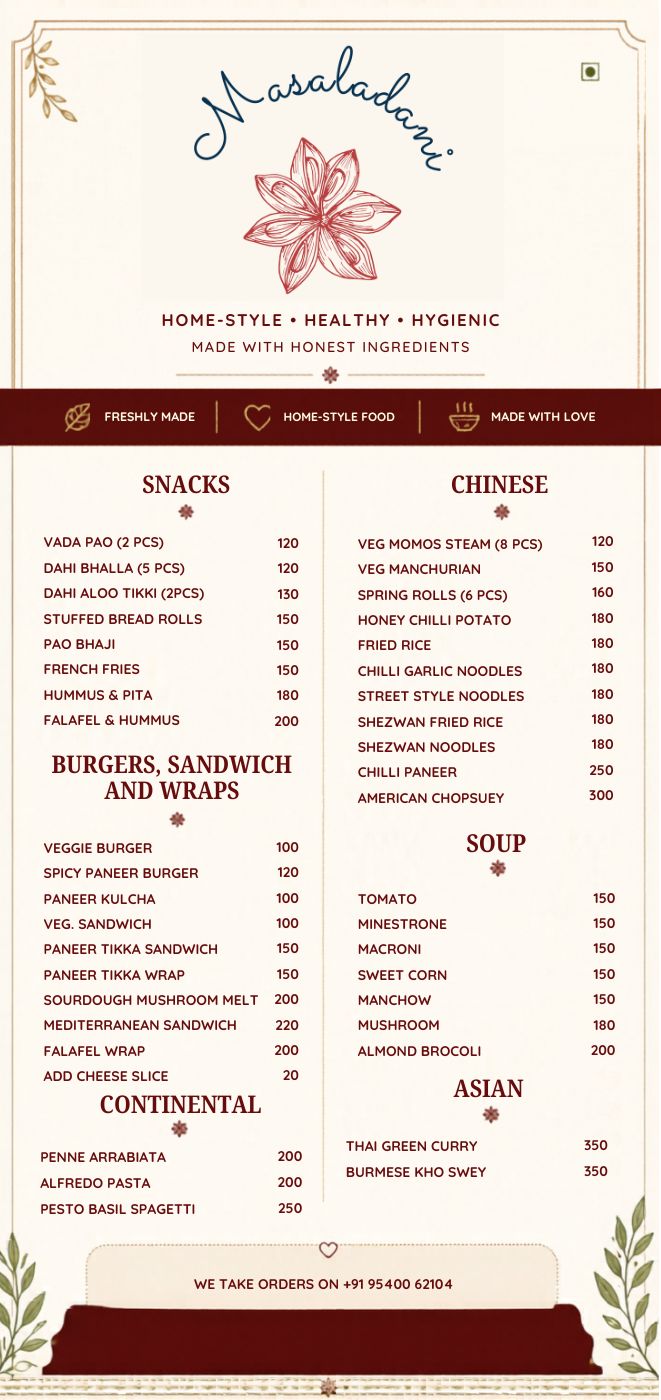 Masaladani printed menu card: snacks, Chinese, burgers and sandwiches, soups, Asian and continental