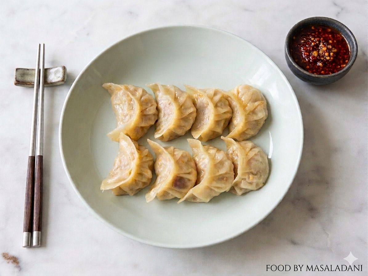 Steamed veg momos on a pale ceramic plate with chopsticks and a bowl of chilli oil